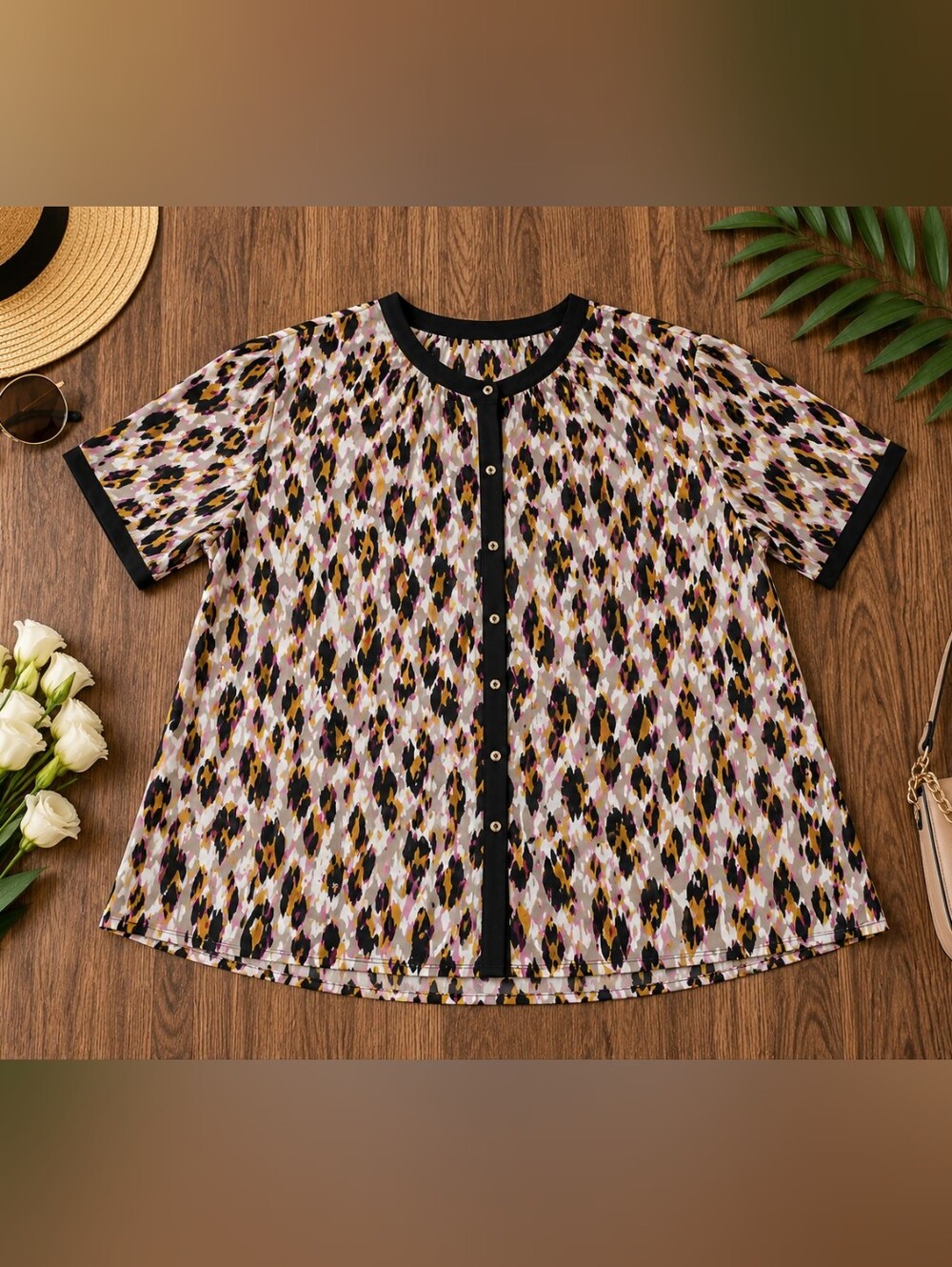 Anne Klein Girls' Multicolor Animal Print Button-Front Top with Black Trim